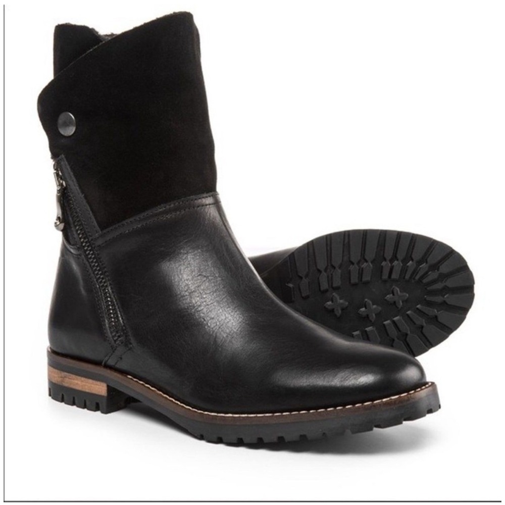 Fabianelli Black Leather Suede Shearling Lined Moto Boots Women Size 8‎